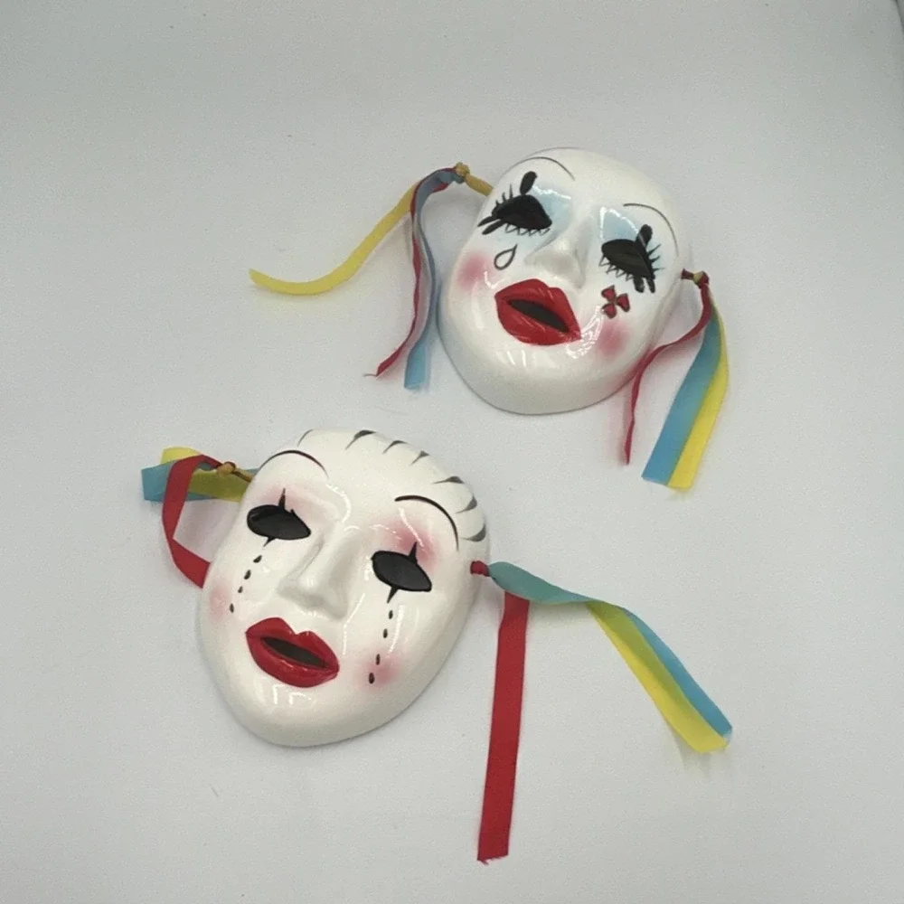 2 White Ceramic Painted carnival Face Masks wall Art